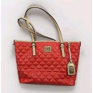 Anne Klein Quilted Patent Leather Watermelon Red Tote Purse Shoulder Bag